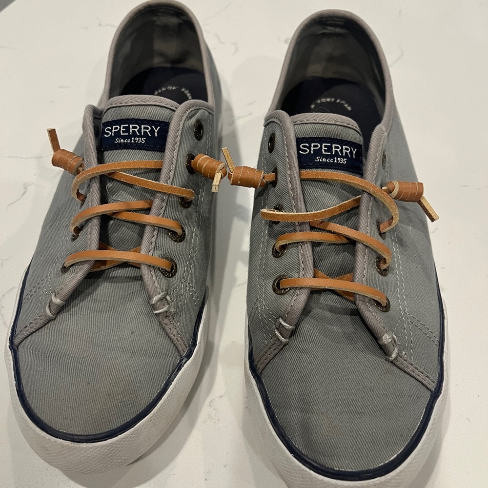 Sperry Gray and Brown Boat Shoes Canvas Upper